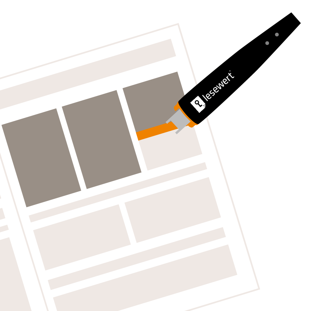 Zeitung mit Scanstift, der eine Textzeile markiert